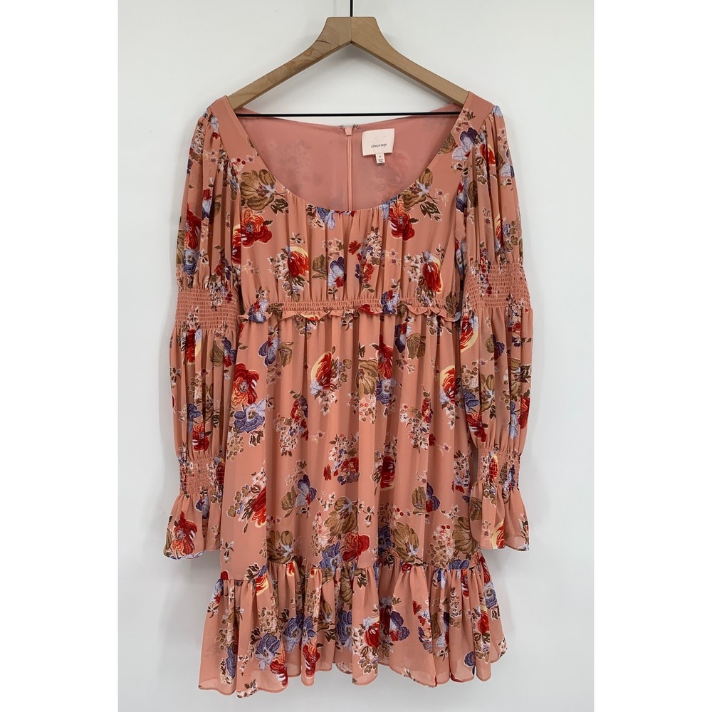 Cinq a Sept Dress 10 Pink Floral Long Sleeve Chiffon Ruffle Garden Babydoll